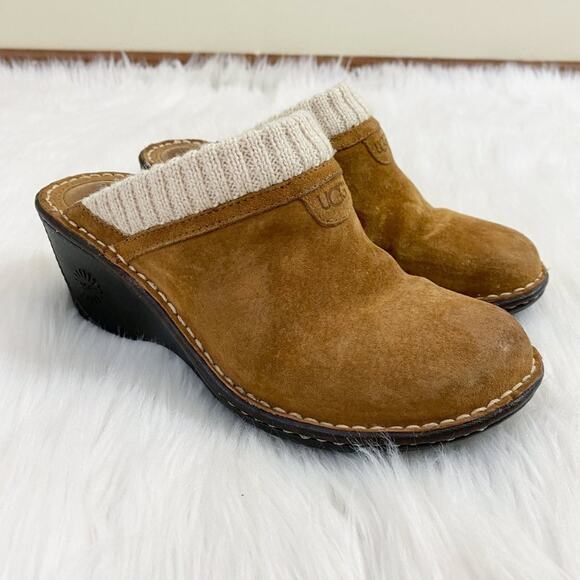 Ugg Chestnut Brown Suede Wedge Heel Clogs Shearling Lining Women's Size 7 EUC - Picture 10 of 10